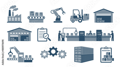 Industrial manufacturing process icons set including factory, conveyor belt, robotic arm, forklift, warehouse, workers, automation, logistics, gears, containers, inventory, and production symbols.