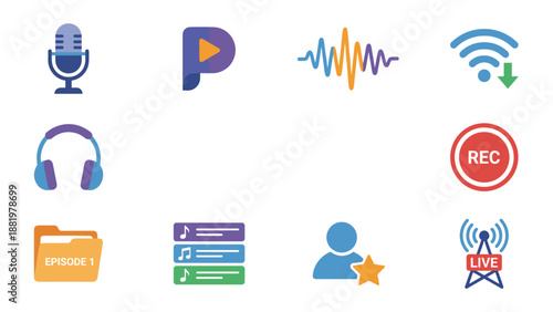 Podcast and streaming icons set. Vector microphone headphones audio wave play button. Broadcast studio equipment. Digital media. Radio station. Sound frequency. Live stream. Technology.