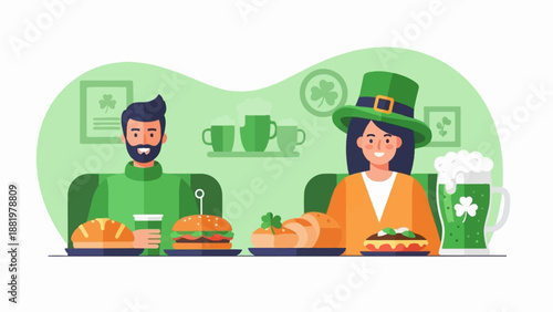 Two smiling people in green attire enjoy food and drinks at a festive gathering