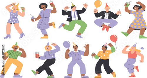 Happy People Celebrating New Year Party – Cartoon Characters Dancing, Drinking Champagne
