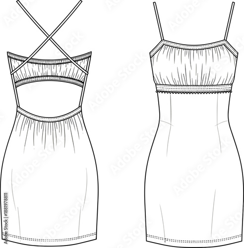 Fashion illustration, technical sketch, women's dress design, spaghetti straps, gathered bodice, fitted skirt, garment construction, apparel template, sewing reference, stylish silhouette
