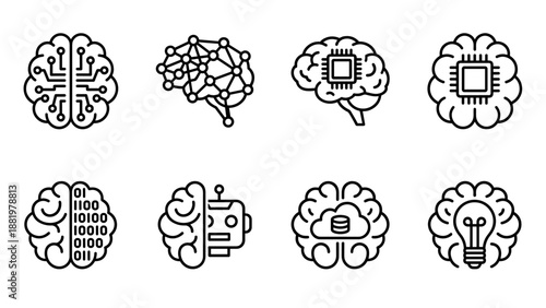 Artificial intelligence brain icon set. Neural network, machine learning, robot mind, digital chip, circuit, binary code, and innovation concept. Minimalist modern line art technology illustration.