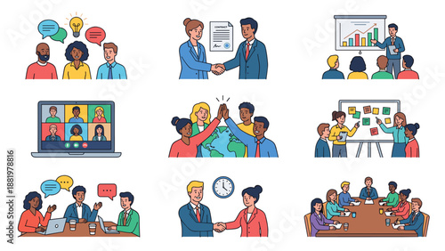Business meeting icon set. Teamwork collaboration avatars. Flat vector. Corporate partnership contract. Presentation video conference. Diverse employee. Office planning. Communication.