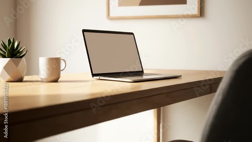 Modern Office Desk with Laptop and Chair.