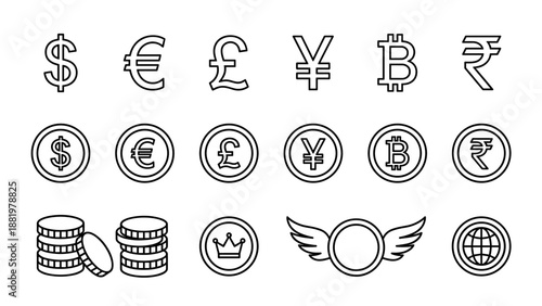 International currency symbols and coins vector icon set. Outline line style financial design collection with dollar, euro, pound, yen, bitcoin, rupee. Global finance and economy concept.