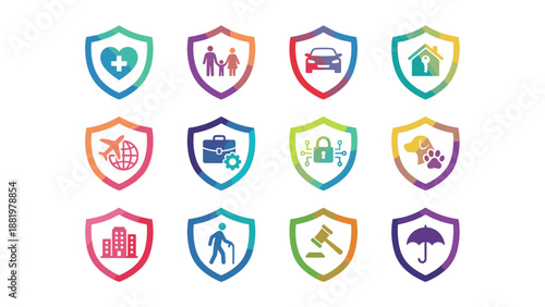 Insurance icon set. Gradient shield symbols collection. Protection and security signs. Health car home travel life safety concepts. Modern colorful vector graphic. Policy coverage.