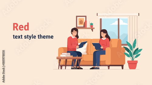 Two young women sitting on a couch, reading books, in a cozy living room