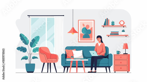 Woman working on laptop on couch in cozy apartment