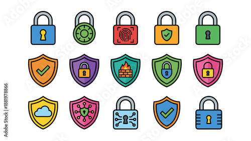 Cybersecurity lock and shield icon set. Colorful padlock and shield symbols for data protection, network security, firewall, and privacy concepts in modern flat vector style on white background.