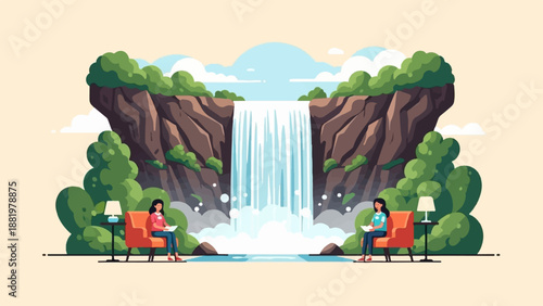 Two women read in chairs beside a majestic waterfall surrounded by lush greenery