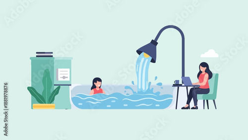 Woman bathes as another works on laptop near running water