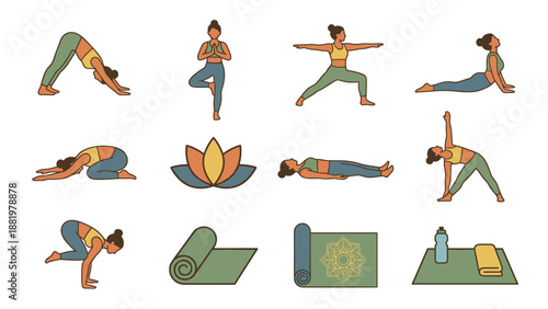 Yoga poses set. Female character asana exercises. Workout stretching meditation. Lotus position downward dog. Fitness mat equipment. Flat vector style. Wellness lifestyle. Pilates.