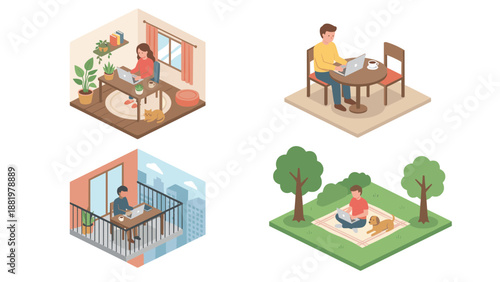Isometric remote work scenes. Freelancers at home office, city balcony, park outdoors, cafe. Digital nomad lifestyle. Telecommuting with laptop. Flexible workspace concept. Business set.