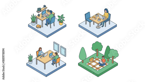 Isometric remote work scenes set. People working on laptops in home office, cafe, park. Freelance digital nomad lifestyle. Telecommuting concept. Flexible workspace. Business vector.