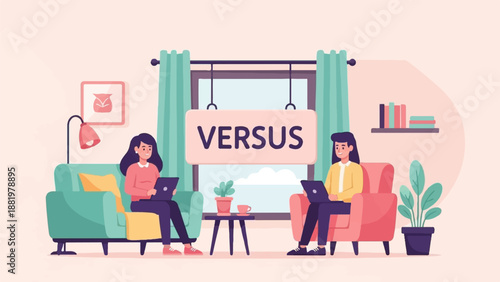 Two people working on laptops in comfortable chairs with "VERSUS" sign hanging