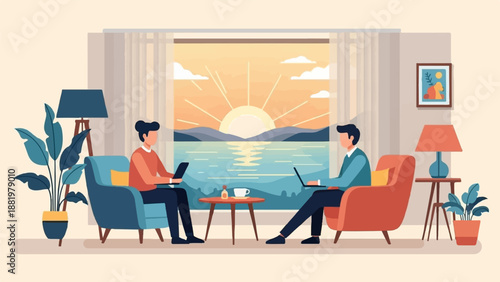 Two people working on laptops in armchairs by a window with a sunset view