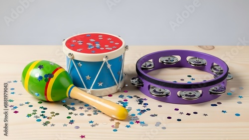 A colorful arrangement of children's musical instruments on a wooden table