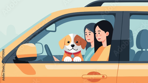 Two smiling women and a dog in a yellow car on a trip