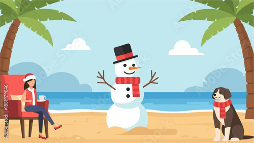 Woman, dog, and snowman enjoy a tropical Christmas on a sandy beach