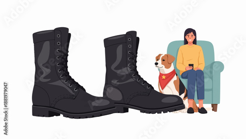 Woman, dog, and boots inside a room