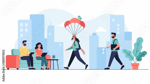 Urban scene with people interacting and a parachutist with a bird