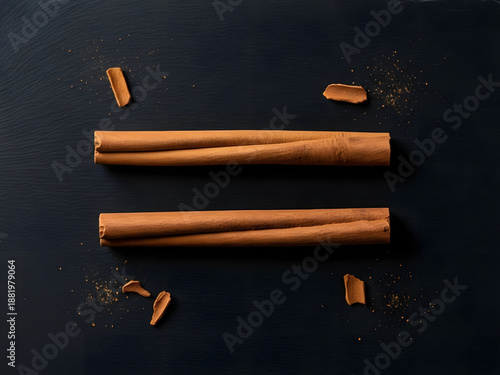 Two cinnamon sticks with crumbs on textured background