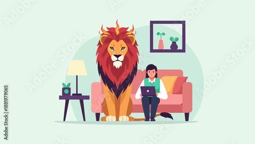 Woman working on laptop with lion companion on sofa in living room