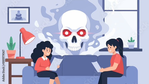 Two women reading on a sofa with a giant skull looming behind them