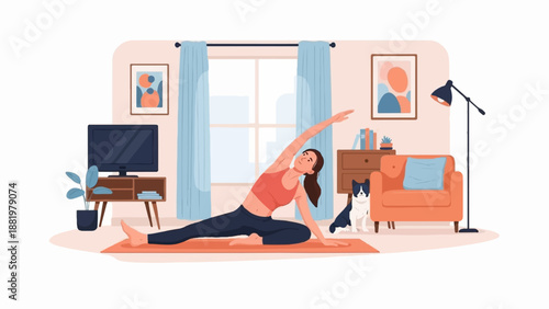 Woman doing yoga indoors with cat watching by window