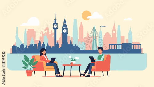 Two people working on laptops in a room with a city skyline view