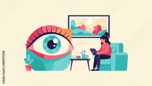 Woman works on laptop in cozy room with giant eye and art