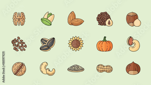 Various nuts, seeds, and a pumpkin displayed in a grid