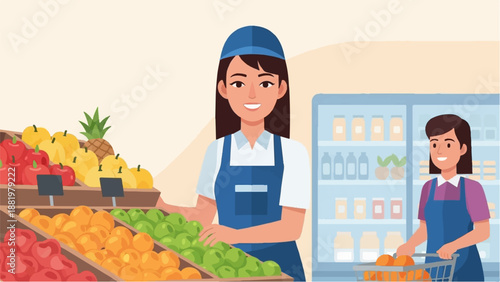 Two smiling workers in a brightly lit grocery store stocking shelves