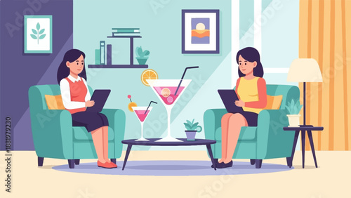Two women relax in armchairs with drinks and tablets