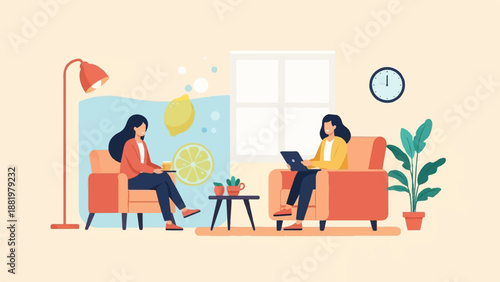 Two women relax in armchairs, one with a drink and the other with a laptop