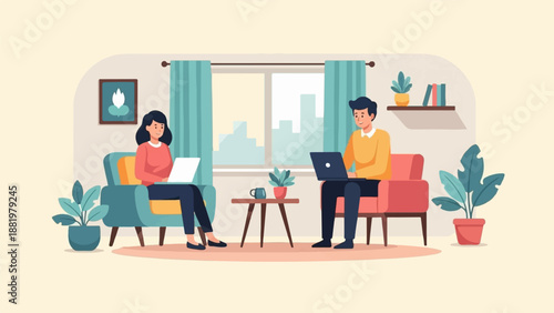 Two people working on laptops in a living room (1)