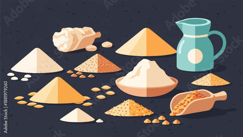 Various powders, grains, and a jug are displayed against a dark, textured background