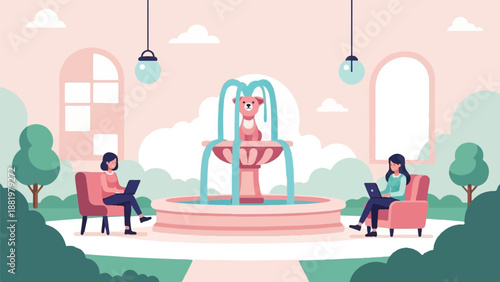 Women working on laptops by a fountain with a dog in a park