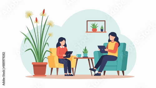 Two women relax in comfortable chairs, each engrossed in a tablet