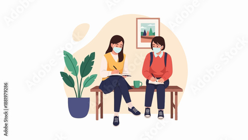 Two students wearing masks, sitting on a bench, taking notes