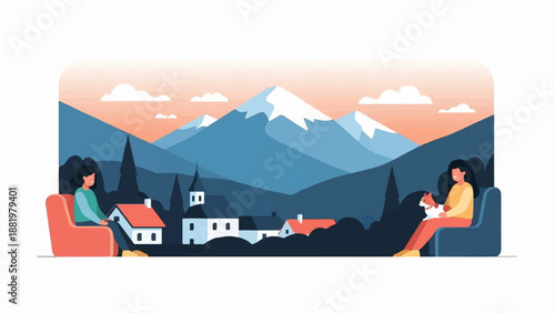 Two women relax in cozy armchairs with a pet and a mountain village scene