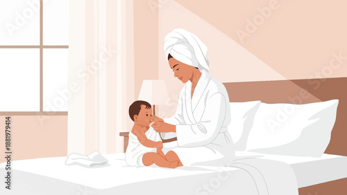 Woman in bathrobe and towel attends to baby wrapped in towel on bed