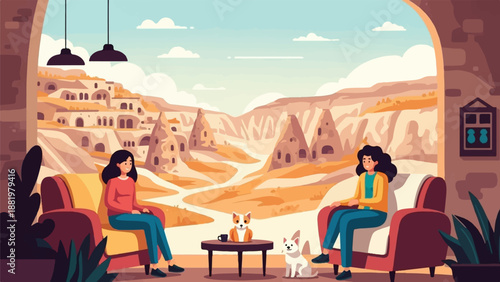 Two women relax in cozy armchairs with dogs, overlooking unique rock formations