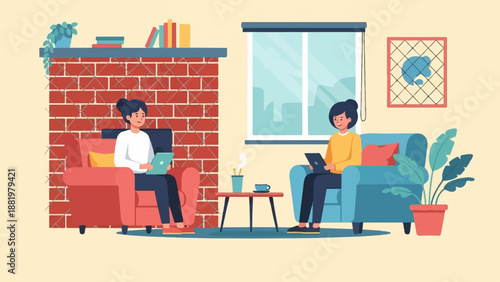 Two women relax in cozy armchairs, working on laptops in a warmly lit room