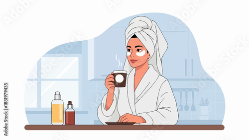 Woman in bathrobe and towel enjoys coffee and skincare