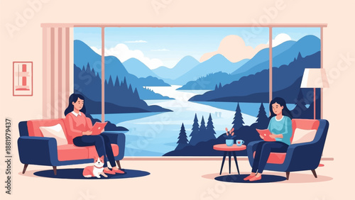 Two women relax in cozy chairs reading books with a tranquil mountain lake view