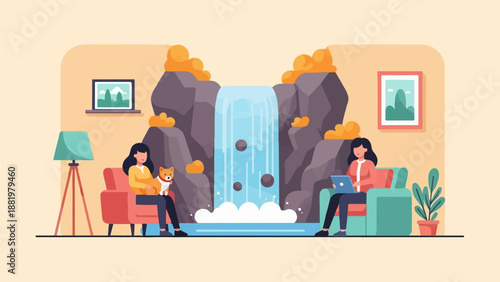 Two women relax indoors by a stylized waterfall, one with a dog