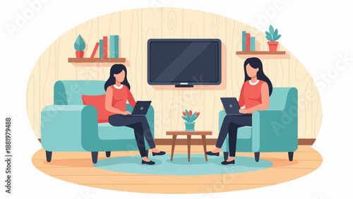 Two women relax in teal armchairs, each with a laptop, in a wood-paneled room