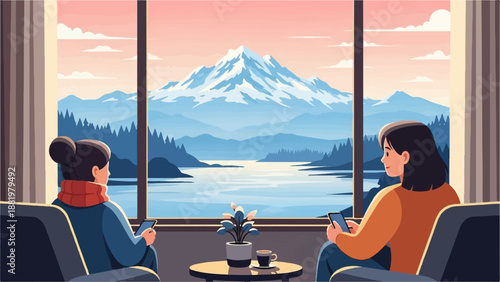 Two women relax indoors, gazing at a serene snow-capped mountain landscape