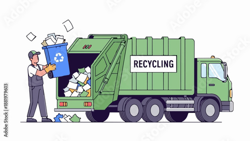 Worker collecting paper waste in a recycling truck